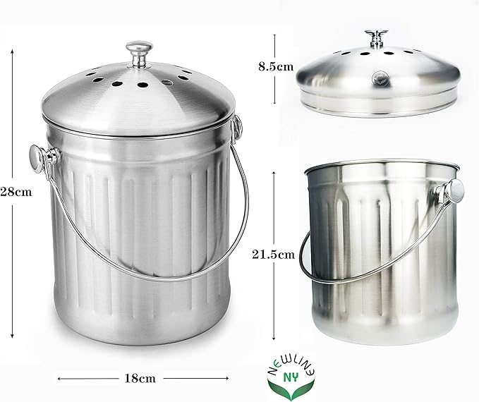 NewlineNY Stainless Steel Indoor Compost Bin for Kitchen Countertop, 1.3 Gallon Recycling Pail Bucket with 2 Charcoal Filters