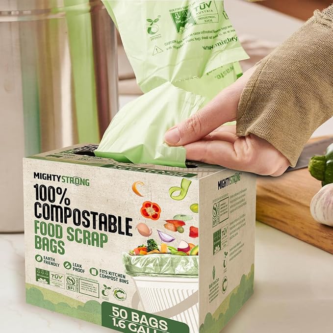 Compost Bags with Handles - 50 Pieces 1.6 Gallon/6 Liter Compostable Trash Bags, Small Trash Bags, Certified By BPI And OK Compost, Food Scrap Waste Bags