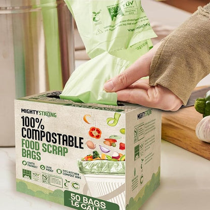 Compost Bags with Handles - 50 Pieces 1.6 Gallon/6 Liter Compostable Trash Bags, Small Trash Bags, Certified By BPI And OK Compost, Food Scrap Waste Bags