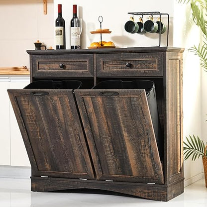 AHB Double Tilt Out Trash Can Cabinet Freestanding Kitchen Trash Can, 2x13 Gallons Hidden Garbage Recycling Cabinet with Hideaway Drawers Pet Proof Trash Can Holder for Kitchen, Rustic Brown