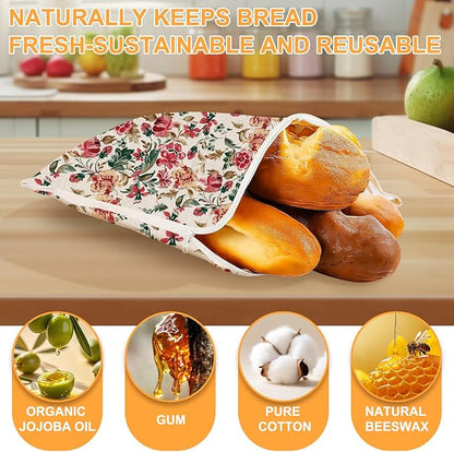 2-Pack Beeswax Lining Bread Bags for Bread Freshness, Reusable Beeswax Bread Bag for Sourdough, Floral Bees wax Bread Bags for Homemade Bread with Zipper | Zipper