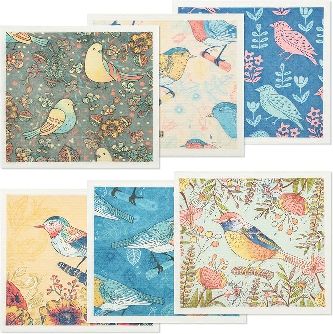 6Pcs Swedish Dishcloths for Kitchen, Quick-Drying Reusable Paper Towels, Absorbent Washable Kitchen Dish Rags, Soft Cellulose Sponge Cloths for Countertop Sink Flower Bird (6pcs Birds)
