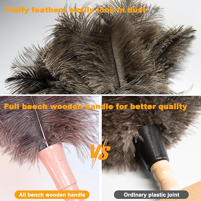 Ostrich Feather Duster, Natural Fluffy Reusable Real Eco-Friendly Genuine Soft Handheld Feather Dusters for Cleaning Supplies, Blinds, Office, Car(15 inch)