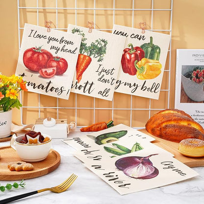 Whaline 6 Pcs Vegetable Swedish Dishcloths Colorful Vegetable Dish Towel Reusable Cotton Kitchen Towels for Christmas Autumn Harvest Baking Cooking Home Kitchen Bathroom Decor, 6.7 x 7.7Inch