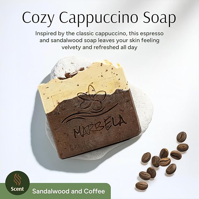 Marbela Cosmetics Handmade Soap Bar - Made in USA, Vegan Friendly, Palm Oil Free, Natural Bar Soap - Gentle Face & Body Soap for Daily Skin Care, Moisturizing & Nourishing - 3.5 oz (Cozy Cappuccino)