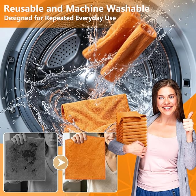 Kitchen Dish Cloths, 12 Pack, 10 x 10 Inches, Super Absorbent Kitchen Towels, Soft Lint Free Reusable Dish Cloths for Nonstick Cookware, Counters and Sink, Orange