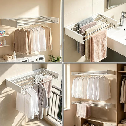 Wall Mounted Clothing Drying Rack 32“ Folds to 1.2” Ultra-Thin Space Saving Clothes Laundry Rack Holds 50 lbs Rust-Resistant Collapsible Space Aluminum for Apartment, RV, Laundry Room, White