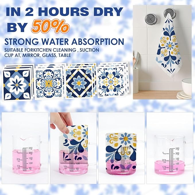 12 Pack Swedish Dishcloths with 2 Push Towel Hooks - Reusable Paper Towel Wash Cloths, Microfiber Kitchen Towels,Non Scratch Wire Dishcloth - Blue Set