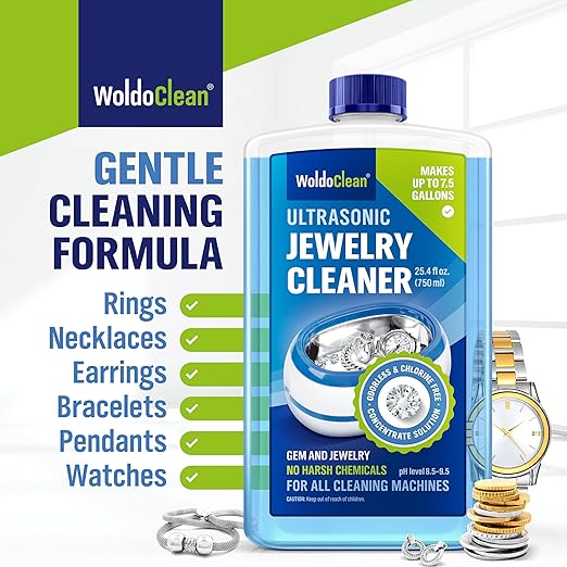 WoldoClean Ultrasonic Jewelry Cleaner Solution - 25.4 Fl Oz Concentrate Makes 8 Gallons for Gold, Silver, Platinum, Diamond Ring, Watch, Chain, Earring and Necklace