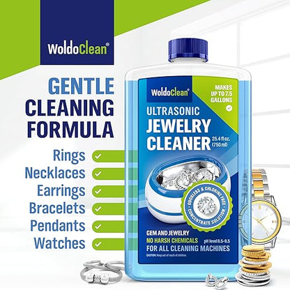 WoldoClean Ultrasonic Jewelry Cleaner Solution - 25.4 Fl Oz Concentrate Makes 8 Gallons for Gold, Silver, Platinum, Diamond Ring, Watch, Chain, Earring and Necklace