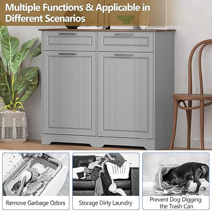 Double 10 Gallon Tilt Out Trash Can Cabinet with Deodorizing Function, Wooden Hidden Garbage Can Holder with Storage Drawers for Kitchen and Dining Room, Laundry Hamper Cabinet for Bathroom, Grey