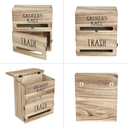 2 in 1 Trash Bag Dispenser, Double Wall Mounted,Wood Trash Bag Holder, used in kitchen, garage, laundry room, can store Environmentally friendly food bags (White/Brown(10inch*5.5inch*12.2inch）)