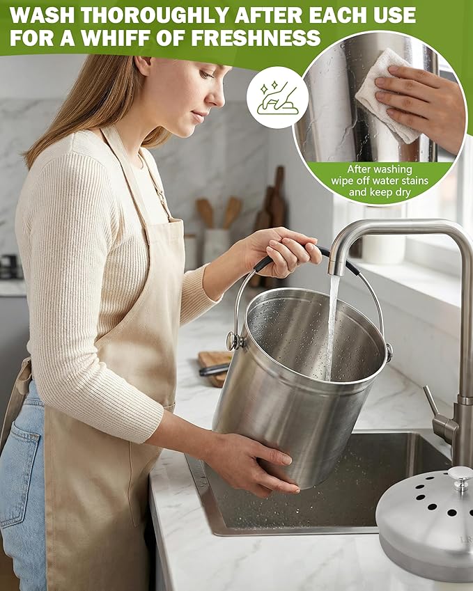 Countertop Compost Bin Kitchen with Lid and 2 Charcoal Filter for Odorless Composting | Stainless Steel Kitchen Composter with Soft-Grip Handle (Silver, 1.3 Gallon)