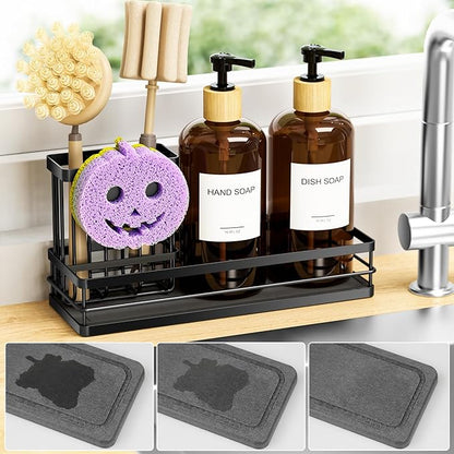 Moforoco Kitchen Dish Soap Dispenser Set, 16OZ Glass Bottle, Hand and Dish Soap Dispenser Set, Instant Dry Tray, Brush Holder with Smiley Face Sponge Holder (Black Tray+Amber Bottle+Labels)