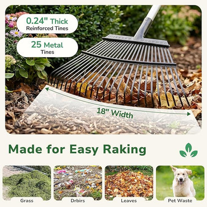 GreatBuddy Leaf Rake and Leaf Bags Combo, Adjustable Metal Garden Rake 29''-72'' 25 Tines, 2 Pack 72 Gallon Reusable Yard Waste Bags, Heavy Duty Lawn Rake with Dustpan Leaf Collector for Yard Cleanup