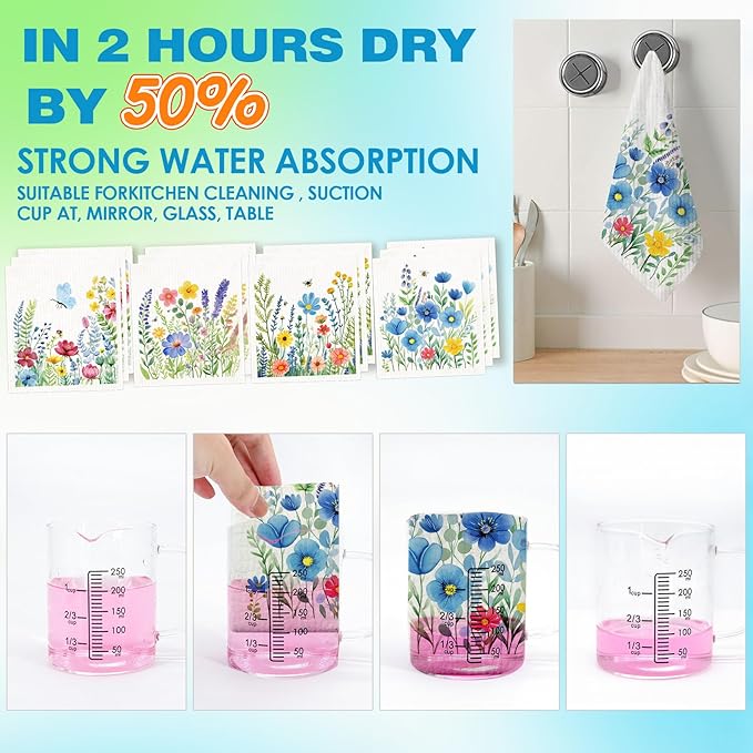 12 Pack Swedish Dishcloths with 2 Push Towel Hooks - Reusable Dish Cloths for Washing Dishes, Napkins Cleaning Cloth Washable - Flower Set