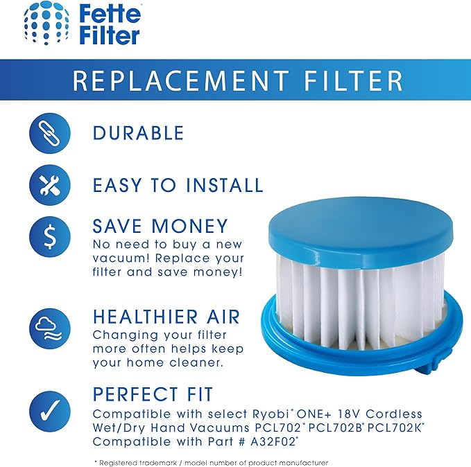 Fette Filter - 4 Pack A32F02 HEPA Filter Compatible with Ryobi ONE+ 18V Cordless Wet/Dry Hand Vacuum PCL702 PCL702B PCL702K. Compare to Part #A32F02.
