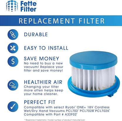 Fette Filter - A32F02 HEPA Filter Compatible with Ryobi ONE+ 18V Cordless Wet/Dry Hand Vacuum PCL702 PCL702B PCL702K. Compare to Part #A32F02. Pack of 3