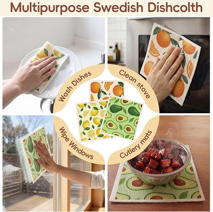 Tegeme 12 Pack Sweden Dishcloths 6 Patterns Super Absorbent Reusable Quick-Drying Washable Sponge Cloths for Kitchen Dishwashing Counters Household Cleaning Durable (Fruit)