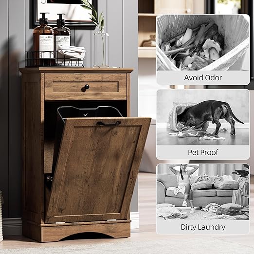 AHB 13 Gallons Tilt Out Trash Cabinet Hidden Trash Can Cabinet Freestanding Garbage Recycling Cabinet with Hideaway Drawer Pet Proof Trash Bin for Kitchen Living Room, Vintage Oak