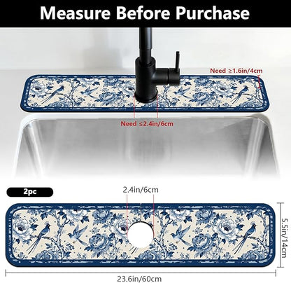 2 Pcs Kitchen Sink Splash Guard Faucet Mats Vintage Porcelain Flowers and Birds Pattern Faucet Mat for Sinks Absorbing Drying Mat for Kitchen Bathroom, 23.6x5.5inch