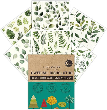 Swedish Dishcloths Reusable Paper Towels 6 Pack, Super Absorbent Washable Kitchen Towels, Biodegradable Quick Drying Dishwasher Safe, Watercolor Design Cleaning Cloths for Any Surface(Green Grass) ﻿