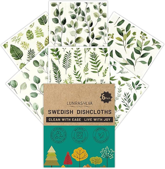 Swedish Dishcloths Reusable Paper Towels 6 Pack, Super Absorbent Washable Kitchen Towels, Biodegradable Quick Drying Dishwasher Safe, Watercolor Design Cleaning Cloths for Any Surface(Green Grass) ﻿