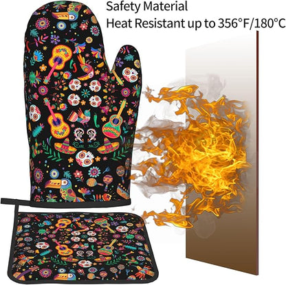 Mexican Oven Mitt Potholders Sets - Mexico Kitchen Mitts and Pot Holders Set of 2 Floral Skull Oven Gloves Hot Pads for Cooking Baking Grilling