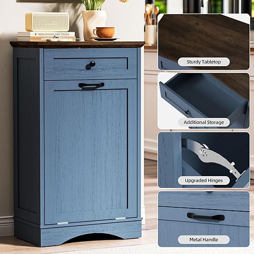 AHB 13 Gallons Tilt Out Trash Cabinet Hidden Trash Can Cabinet Freestanding Garbage Recycling Cabinet with Hideaway Drawer Pet Proof Trash Bin for Kitchen Living Room, Blue