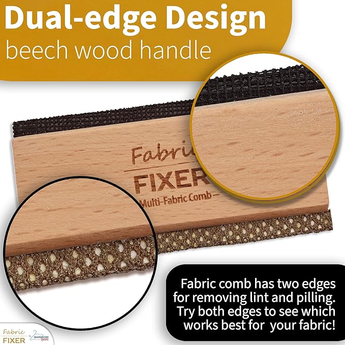 Multi-Fabric Sweater Comb with Natural Beech Wood Handle (Double Edge Design) Manual Fabric Defuzzer Wool Lint Shaver Comb Scraper for Clothing Pills, Furniture, Sheets and Fabrics