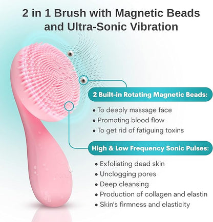 Silicon Facial Cleansing Brush - Electric, Rechargeable, Waterproof IPX7 - Rotating Magnetic Beads - 4 Function Modes - Face Massage for Deep Cleaning - Magnetic Charging Base - Ergonomic Handle