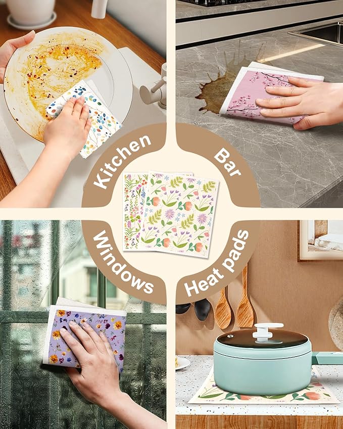 Miss Adola Swedish Dishcloths for Kitchen with Hooks - Reusable Dish Cloths for Washing Dishes Fast Drying Cute Fun 5 Pack Swedish Dish Towels Washable Cleaning Sponge, Elegant Flowers