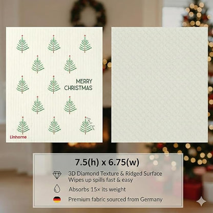 Christmas Holiday Swedish Dishcloth, Reusable Paper Towel, Super Absorbent Cellulose Sponge, Washable Kitchen Cleaning Cloth (Winter Evergreens - 1 Pack)