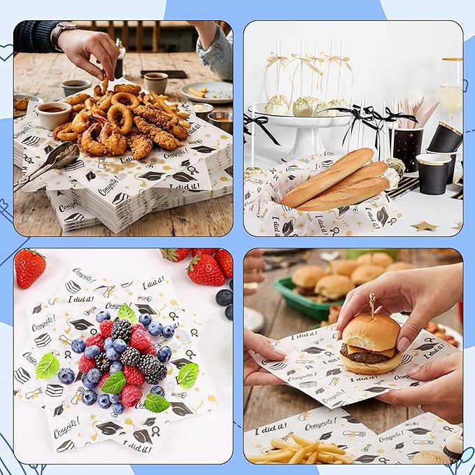 FOIMAS 150pcs Graduation Wax Paper,9.8 x 9.8 Inch Congrats Grad Food Deli Paper Grad Cap Sandwich Basket Liner for 2026 Graduation Party Kitchen Supply