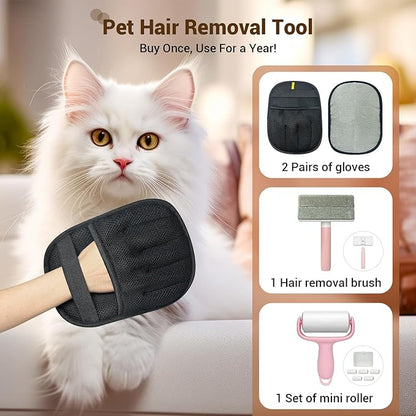 Pet Hair Removal Glove & Electrostatic Remover Set with Mini Lint Roller (180 Sheets) - Reusable Cleaning Tool for Sofa, Carpet, Cat Tree, Furniture, Car Seat and Clothes（3PCS）