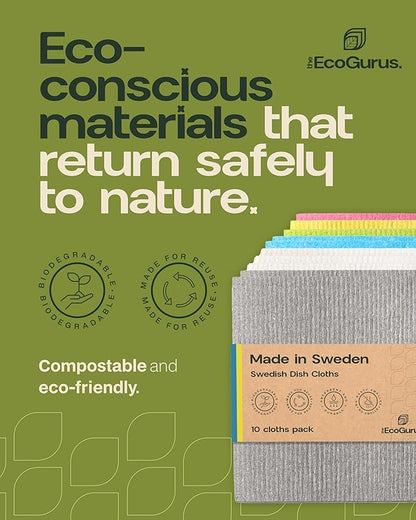 10 Pack Odour-Resistant Reusable Cleaning Cloths | Original Swedish Dishcloth | Made in Sweden | Suitable for All Surfaces | Biodegradable Cellulose Sponge | Kitchen & Bathroom | Gray