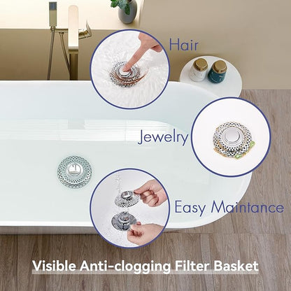 2 Pack Universal Bathtub Drain Stopper with Removable Hair Catcher, 3-in-1 Pop-up Drain Plug Fits 1.38 to 2.1 Inch Holes, Upgrade Shower Drain Cover with Stainless Steel Filter