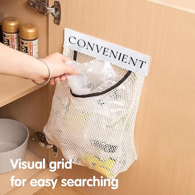 2Pcs Sticky Wall Mount Trash Bag Holder Dispenser - Under Sink & Cabinet Door Adhesive Organizer for Kitchen, Bathroom, Car, Laundry - Reusable Mesh Storage Bags JREEPEE