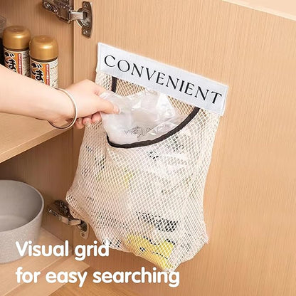 2Pcs Sticky Wall Mount Trash Bag Holder Dispenser - Under Sink & Cabinet Door Adhesive Organizer for Kitchen, Bathroom, Car, Laundry - Reusable Mesh Storage Bags JREEPEE