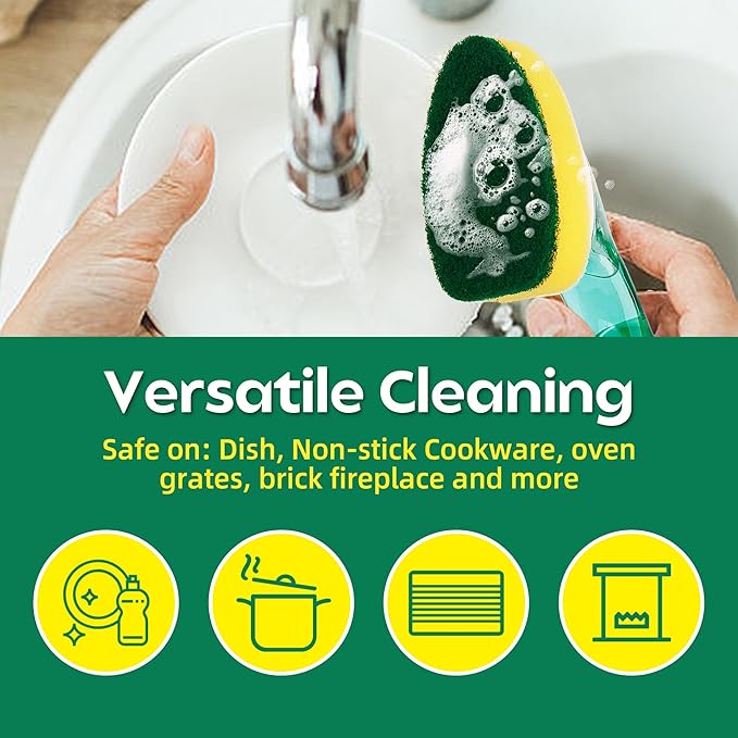 Dishwand Sponge Refills Soap Control Handle, Dish wand Sponges Refill Non Scratch, Sponge Replacement Scrub Brush Heads Set, Dishwashing Dispenser Scrubber Pads for Cleaning Dishes Dishwasher Kitchen