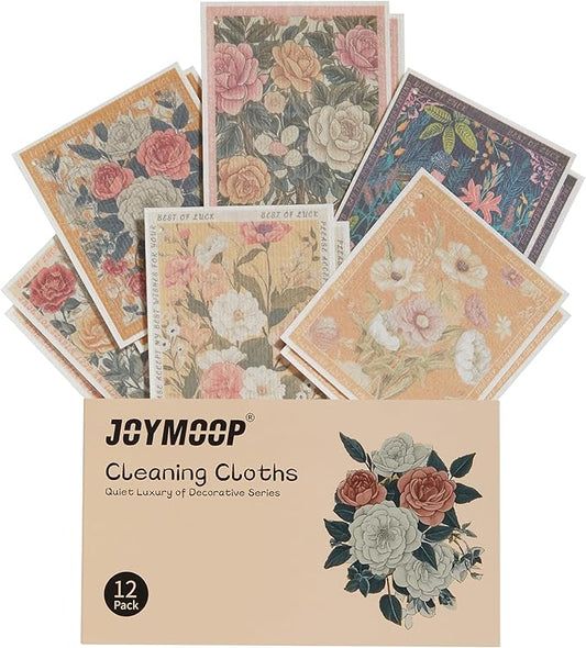 JOYMOOP 12 Pack Decorate Cleaning Cloth (Quiet Luxury of Decorative Series), Reusable Absorbent Dish Towels, Non-Scratch Washable Rags for Cookware, Kitchen and Household Cleaning - 6.7×7.9 inch