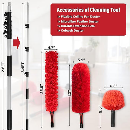 8 FT Cobweb Duster with Extension Pole, 12 FT High Reach Ceiling Fan Cleaner Duster for Home, 2.6-8 FT Extendable Pole with 3 Pcs Dusting Tools, Cubweb Duster, Feather Dusters, Ceiling Fan Duster