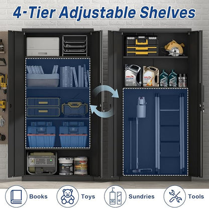 Metal Storage Cabinet with Doors and 4 Shelves, 72x34x18 Garage Storage Cabinets,Tall Black Locking Metal Cabinets with Lock for File, Office, Garage, Home