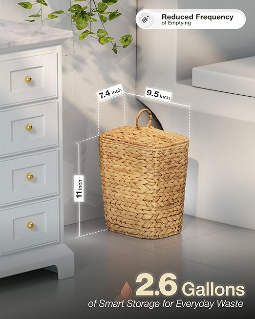 BLUEWEST 2.6 Gallon Wicker Bathroom Trash Can with Lid, Handwoven Rattan Wastebasket with Removable Plastic Inner Bin Decorative Waste Basket for Bedroom, Office, or Kitchen
