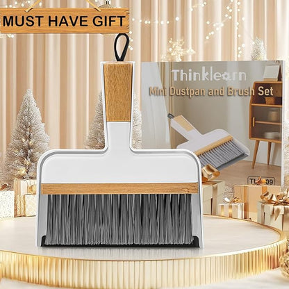 THINKLEARN Mini Dustpan and Brush Set, Portable Broom and Dustpan Combo Set with Bamboo Handle, Handheld Broom Set for Cleaning Desk Drawers Sofas and RV