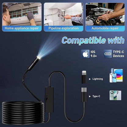 Endoscope Camera with Light, 16.4ft Semi-Rigid Snake Inspection Camera, 1920P HD Borescope with 8 Adjustable LED Lights, 7.9mm IP67 Waterproof Drain Pipe Borescope for iOS and Android