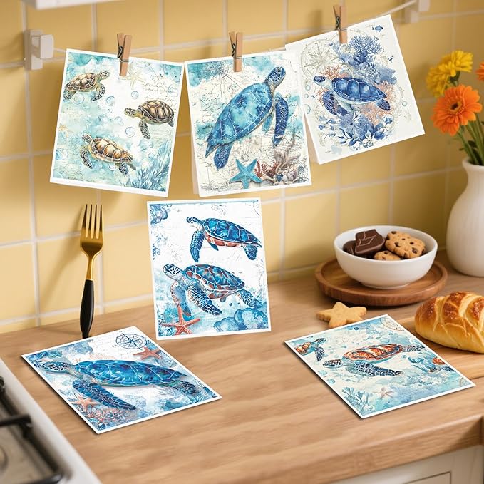 Swedish Dishcloths for Kitchen, 6PCS Sea Turtle Swedish Dish Cloths Gift Set, Starfish Reusable Washable Absorbent Dish Towel for Home Cleaning(7.8 X 7 Inches)