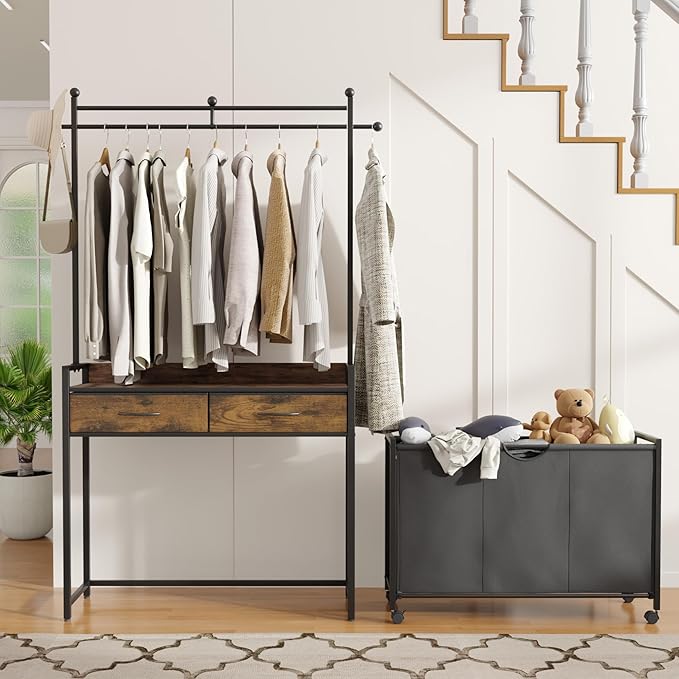 Mondeer Laundry Sorter with 2 Drawers and Hanging Rack, 150L Laundry Hamper with 3 Compartments Pull-Out Rolling Bag, Laundry Basket Organizer for Bathroom, Rustic Brown and Black