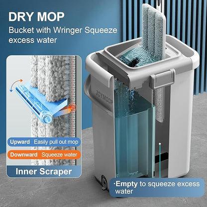 JOYMOOP Mop and Bucket Set – Hands-Free Flat Floor Mop for Household and Commercial Use, with 3 Washable Microfiber Pads, Wet and Dry Cleaning System, Ideal for Home and Office Floors