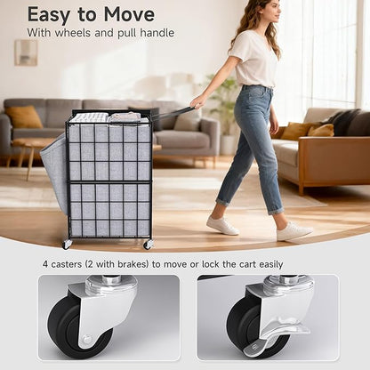 90L Laundry Basket with Wheels, Large Capacity Laundry Hamper with Removable Liner Bags, Heavy Duty Laundry Sorter with Solid Wood Lid & Leather Handles, Grey